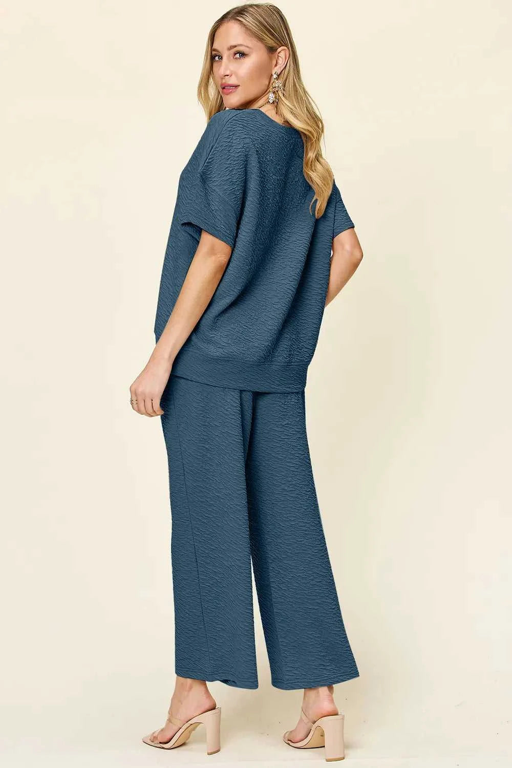 Women's Full Size Texture Short Sleeve Top and Pants Set