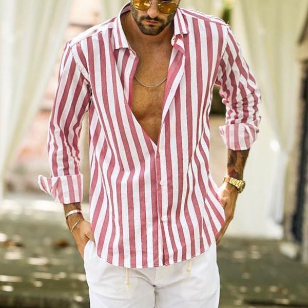 Men’s Striped Lapel Cardigan – Loose Fit, Long Sleeve Polyester shirt Casual Spring & Autumn Wear - Daily Goods