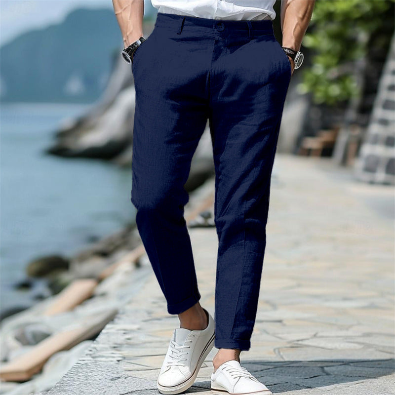 Men’s Linen Slim Fit Trousers – Solid Color Mid-Waist Skinny Pants, Casual Youth Style with Zipper Fly - Daily Goods