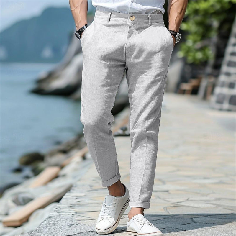 Men’s Linen Slim Fit Trousers – Solid Color Mid-Waist Skinny Pants, Casual Youth Style with Zipper Fly - Daily Goods