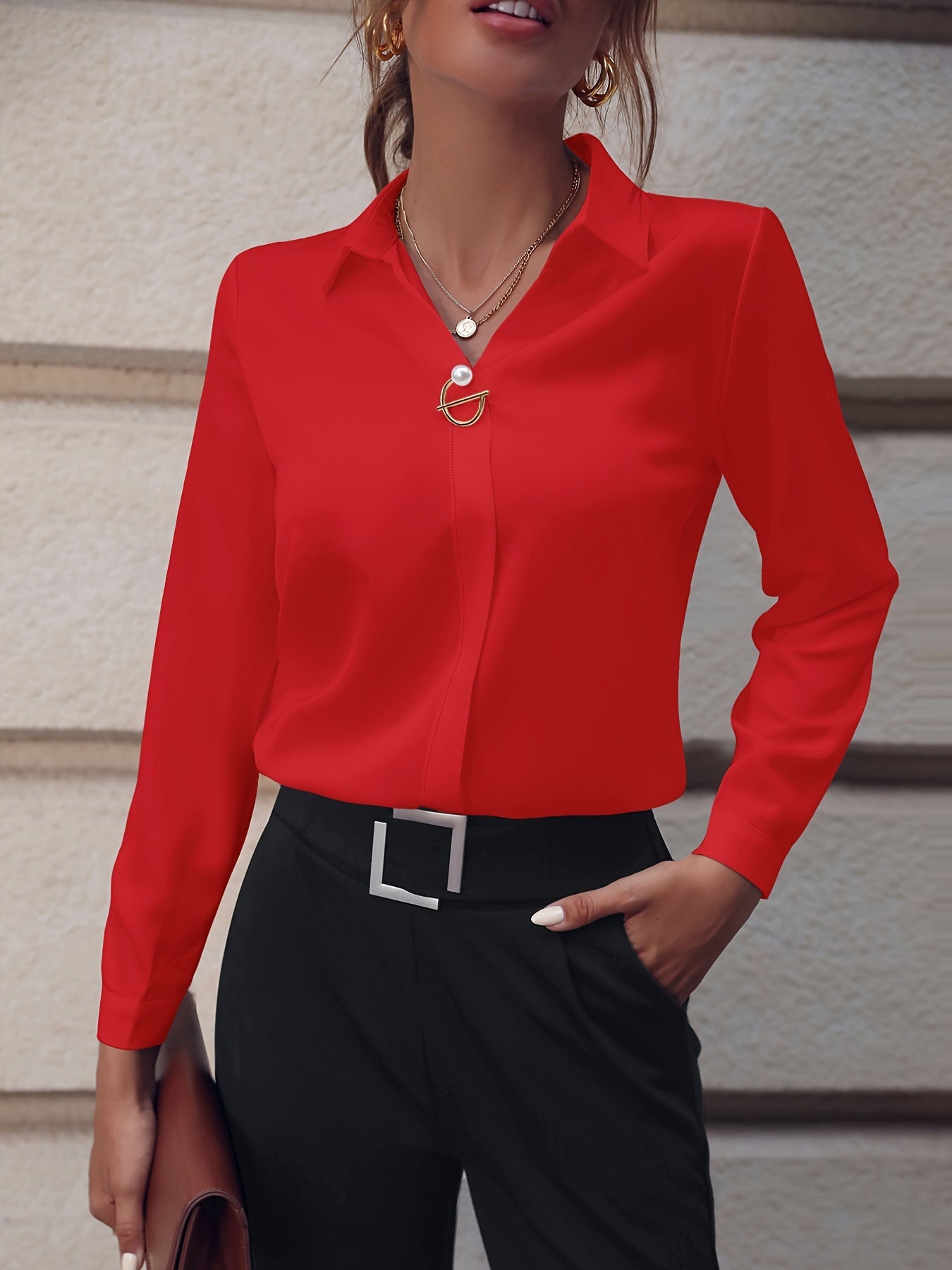 Women’s Slim Fit Long Sleeve Blouse – Solid Color with Metal Decoration | Elegant Office Top - Daily Goods