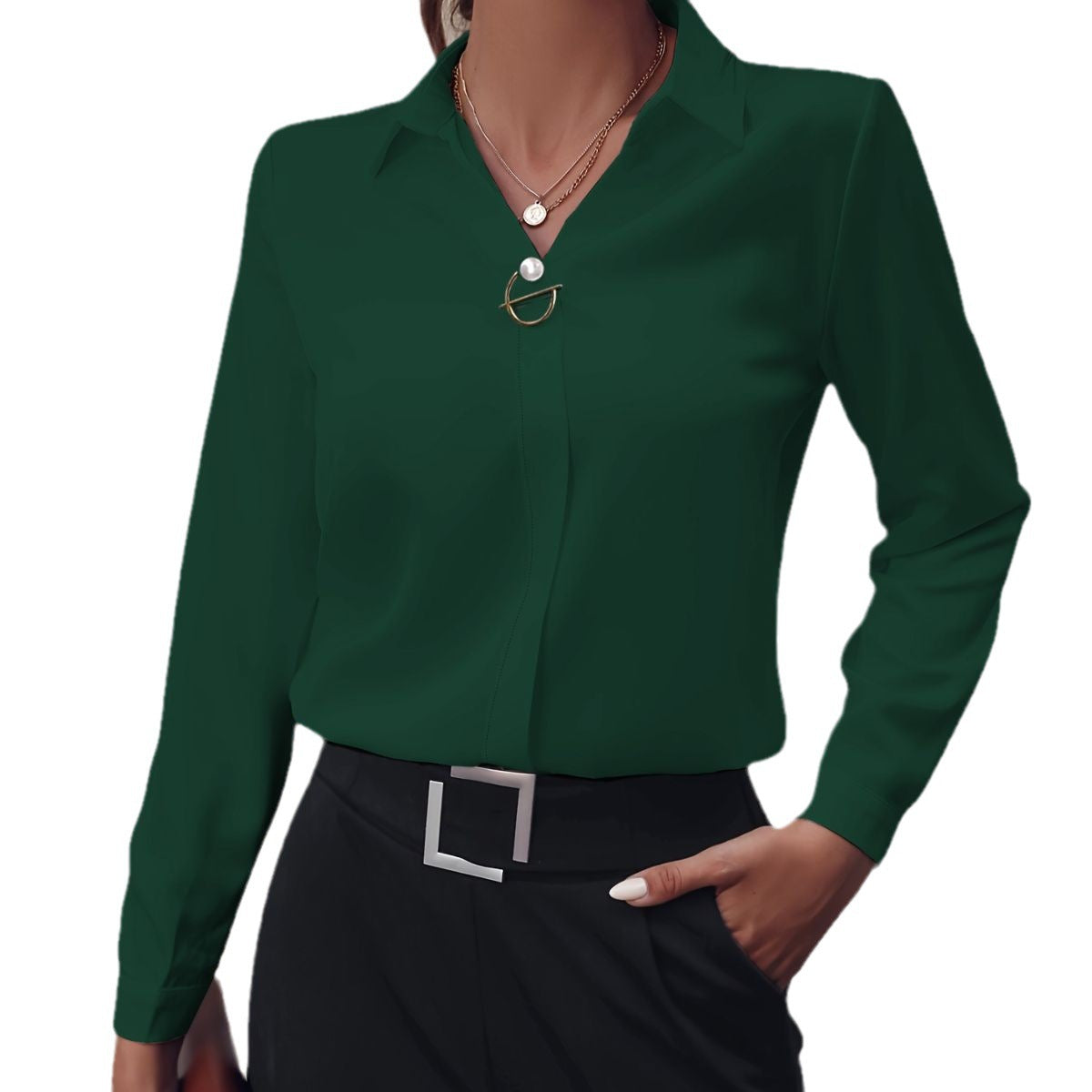 Women’s Slim Fit Long Sleeve Blouse – Solid Color with Metal Decoration | Elegant Office Top - Daily Goods