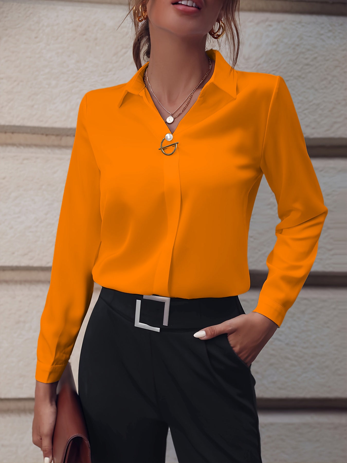 Women’s Slim Fit Long Sleeve Blouse – Solid Color with Metal Decoration | Elegant Office Top - Daily Goods