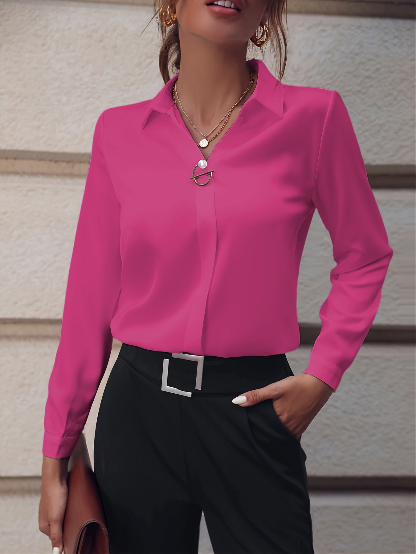 Women’s Slim Fit Long Sleeve Blouse – Solid Color with Metal Decoration | Elegant Office Top - Daily Goods