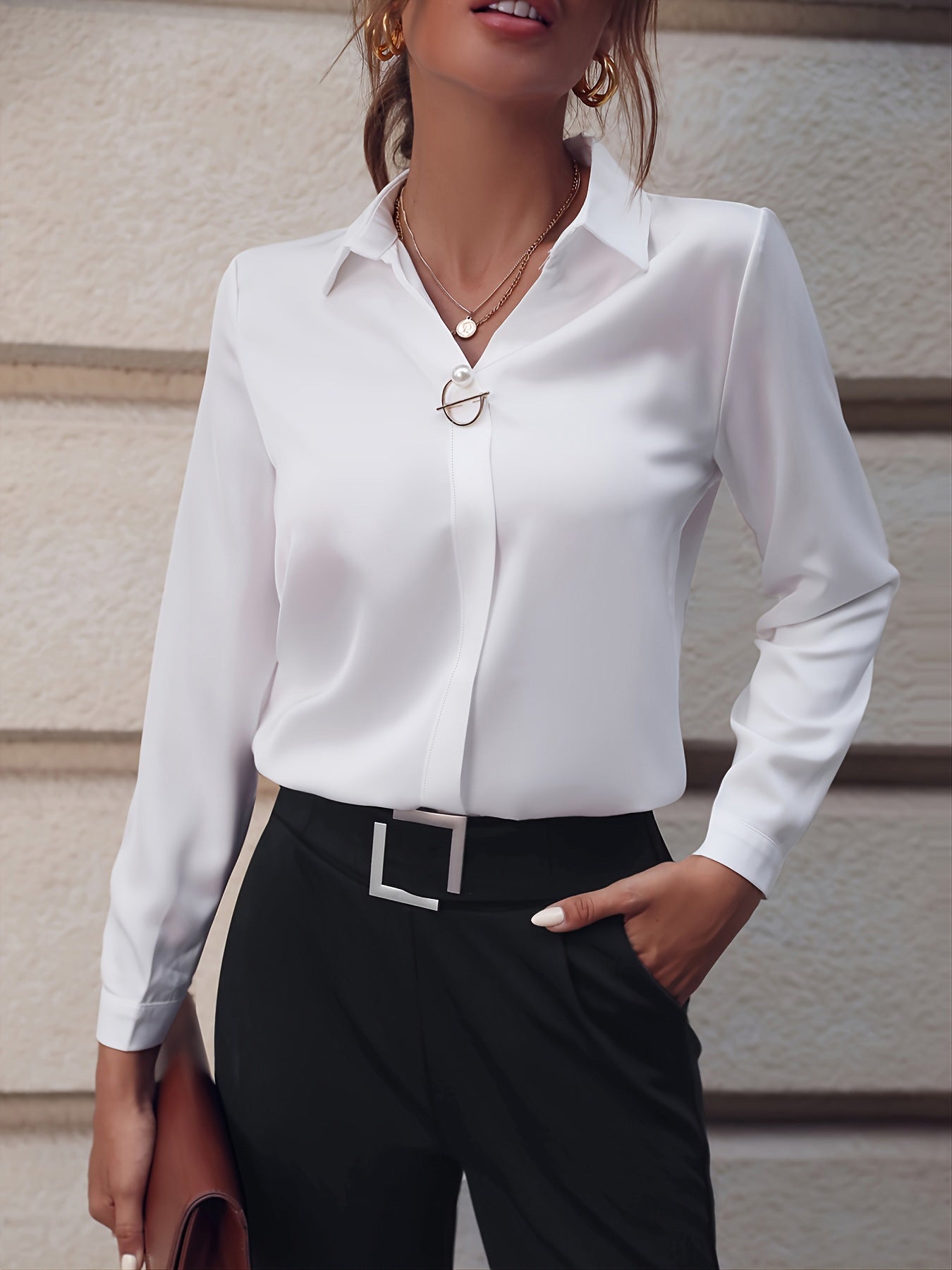 Women’s Slim Fit Long Sleeve Blouse – Solid Color with Metal Decoration | Elegant Office Top - Daily Goods