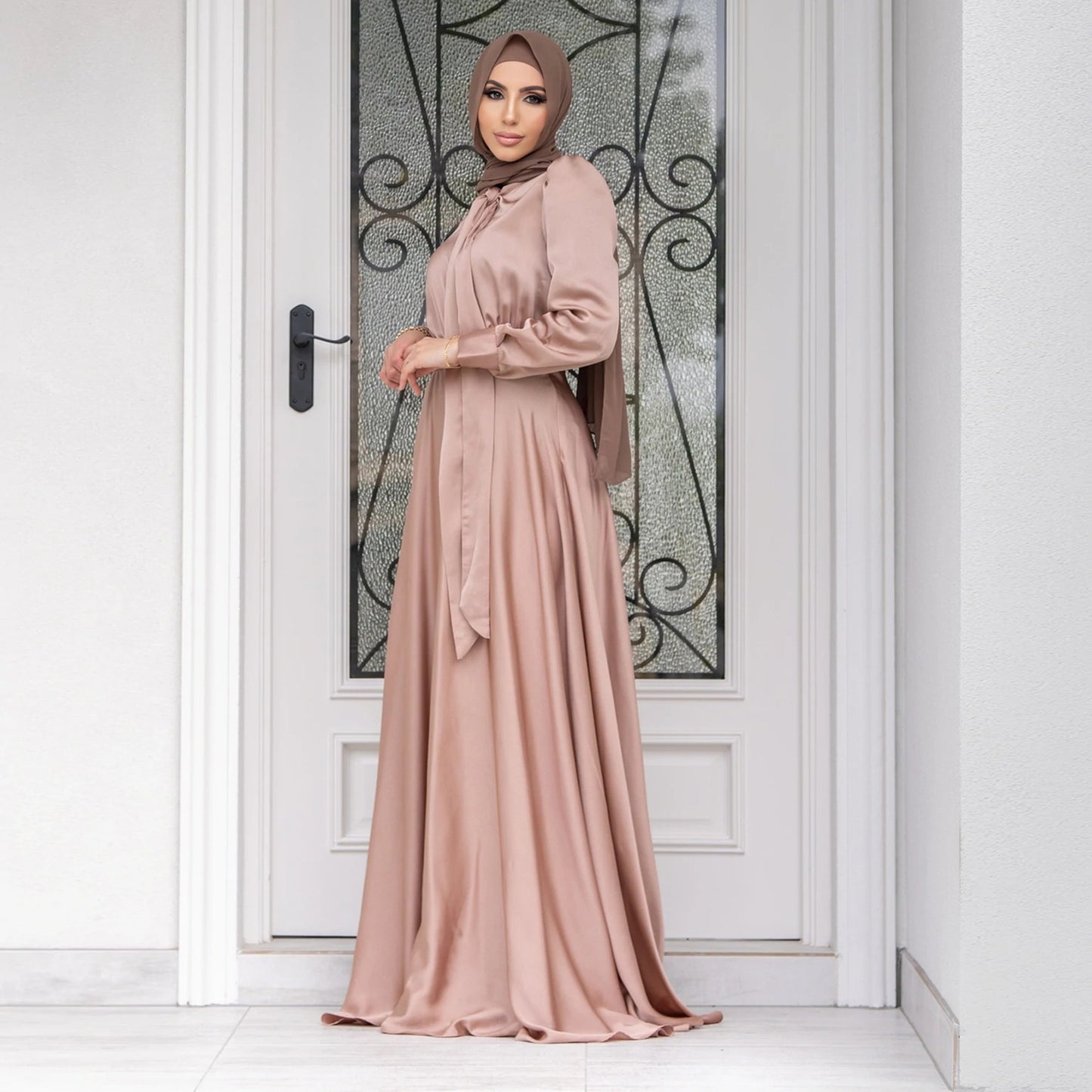 Elegant Large Hem Satin Dress for Women – Puff Sleeve Lace-Up Gown Dress - Daily Goods