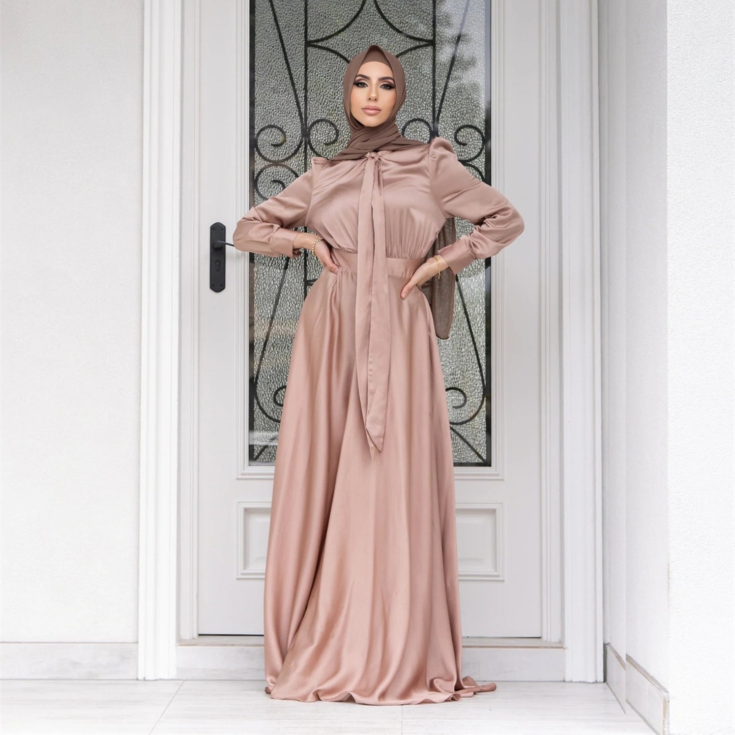 Elegant Large Hem Satin Dress for Women – Puff Sleeve Lace-Up Gown Dress - Daily Goods