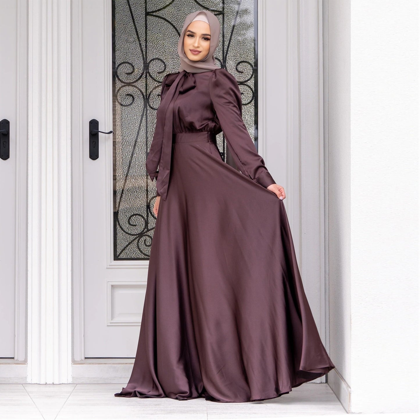 Elegant Large Hem Satin Dress for Women – Puff Sleeve Lace-Up Gown Dress - Daily Goods