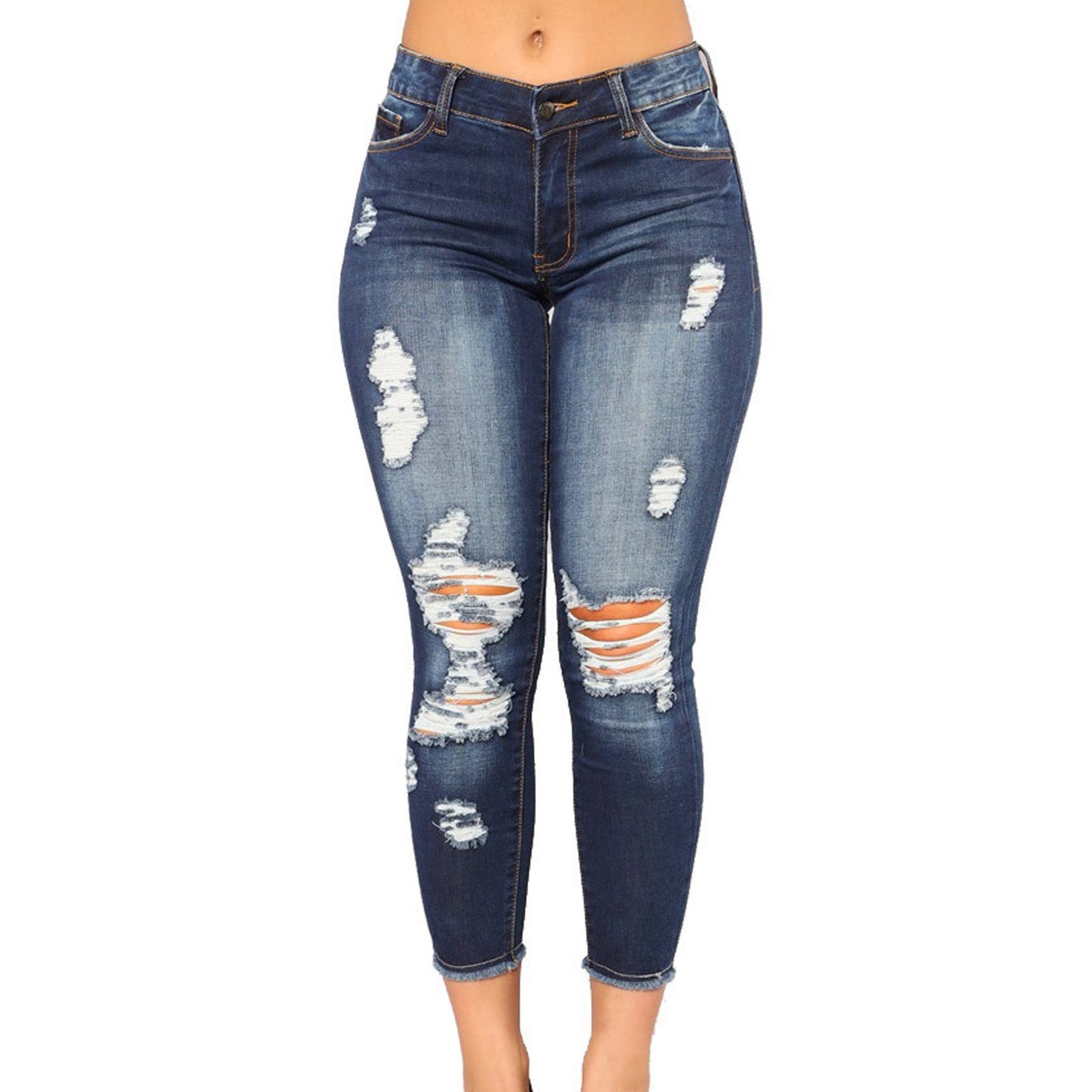 Women’s Slim Fit Ripped Skinny Jeans – Stretch Mid-Waist Denim Pencil Pants - Daily Goods