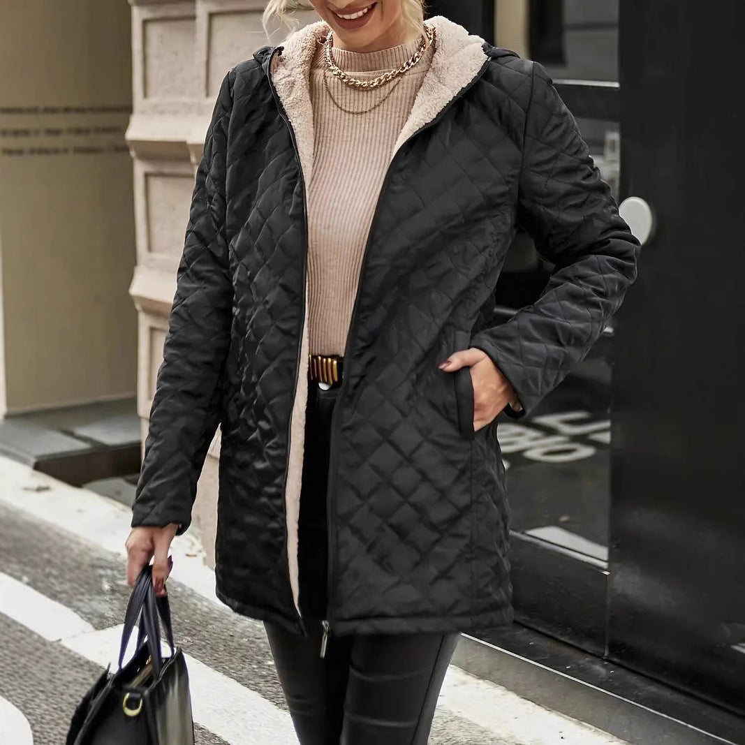 Mid-length Plaid Hooded Jacket – Warm Long Sleeve Street Fashion Coat for Women - Daily Goods