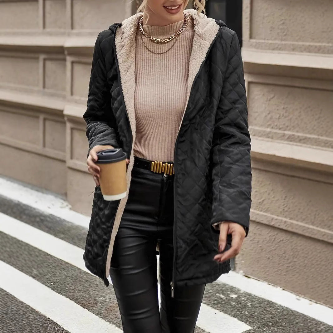 Mid-length Plaid Hooded Jacket – Warm Long Sleeve Street Fashion Coat for Women - Daily Goods