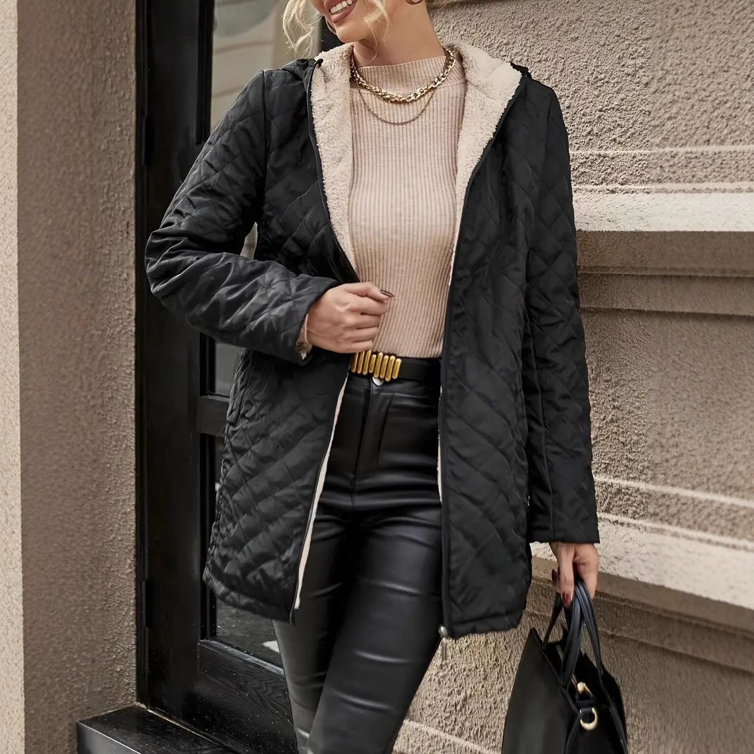 Mid-length Plaid Hooded Jacket – Warm Long Sleeve Street Fashion Coat for Women - Daily Goods