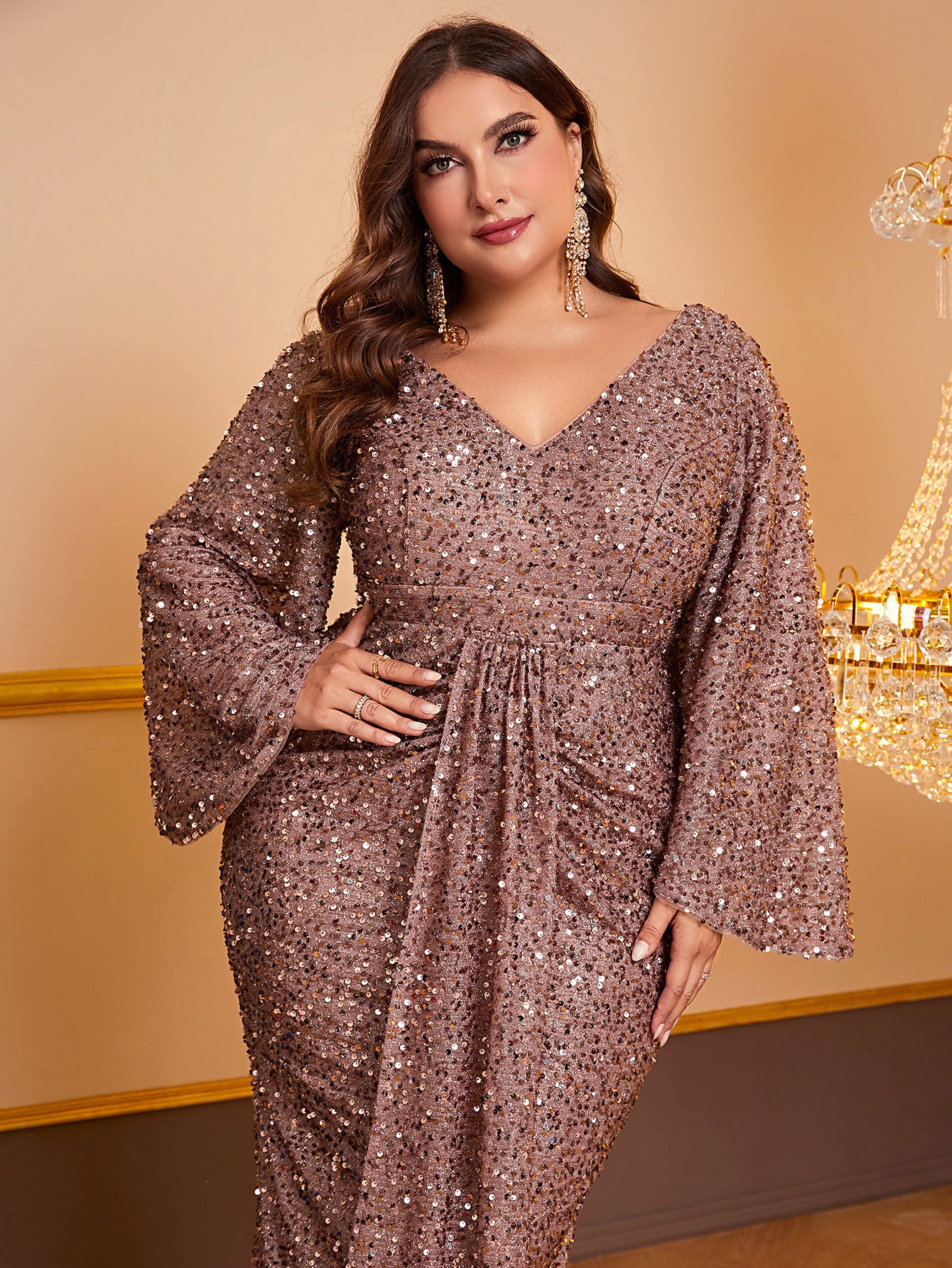 Women’s Elegant Sequin V-Neck Long Sleeve Pleated Dress - Daily Goods
