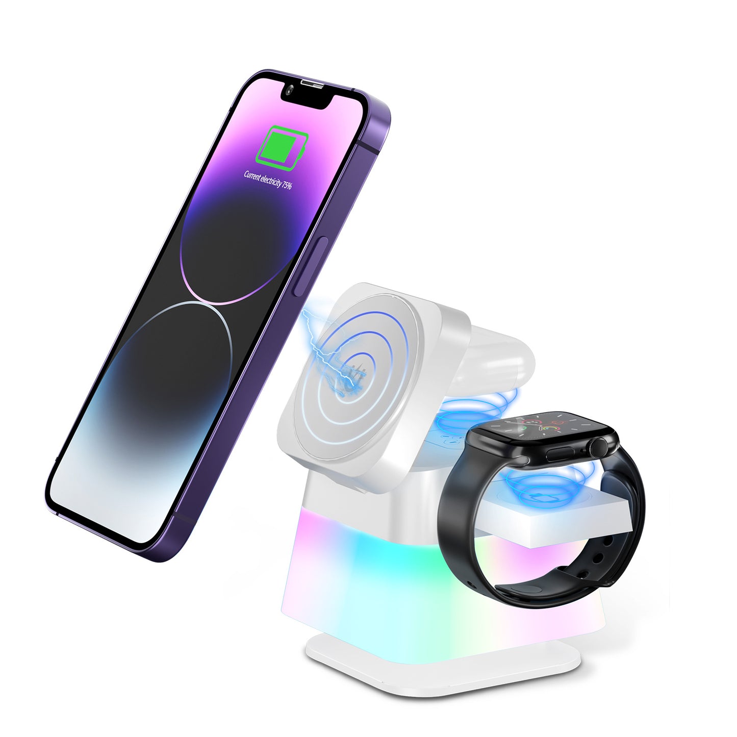 4-in-1 rotatable foldable wireless charger with colorful night light. Fast-charge iPhone, Apple Watch & AirPods safely in one stylish dock - Daily Goods