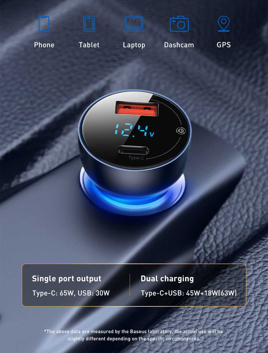 65W Dual-Port Fast Car Charger – Type-C & USB Quick Charge for Phones and Laptops - Daily Goods