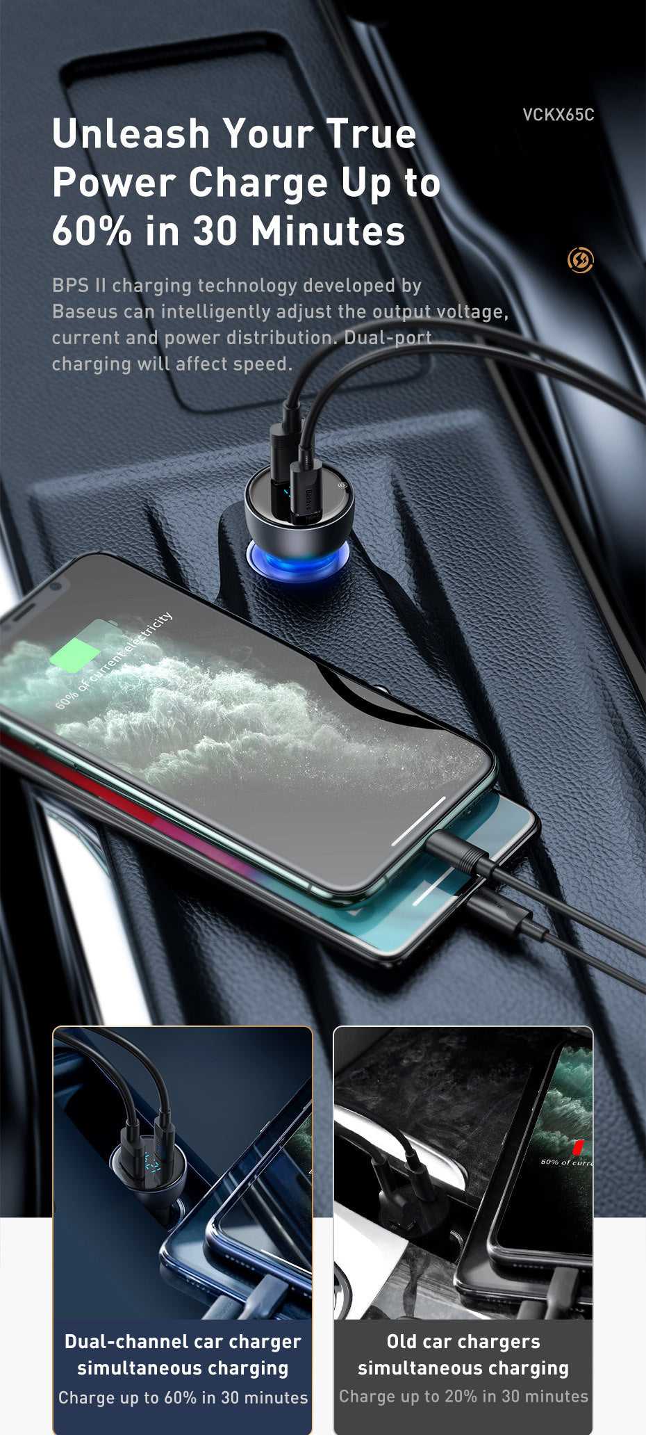 65W Dual-Port Fast Car Charger – Type-C & USB Quick Charge for Phones and Laptops - Daily Goods
