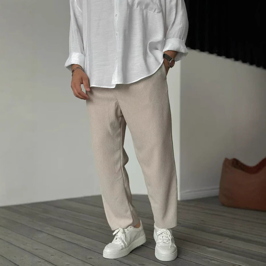Men's Striped Cropped Pants – Mid-Waist Ice Silk Summer Pants, Straight Leg - Daily Goods