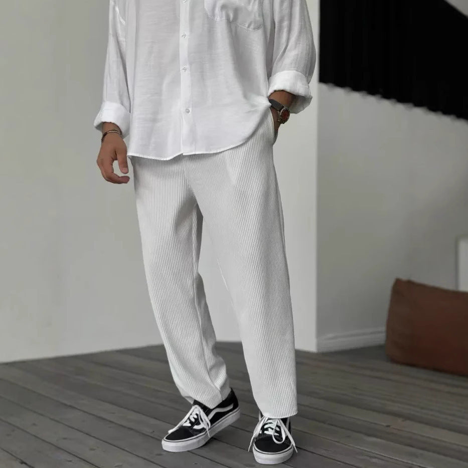 Men's Striped Cropped Pants – Mid-Waist Ice Silk Summer Pants, Straight Leg - Daily Goods