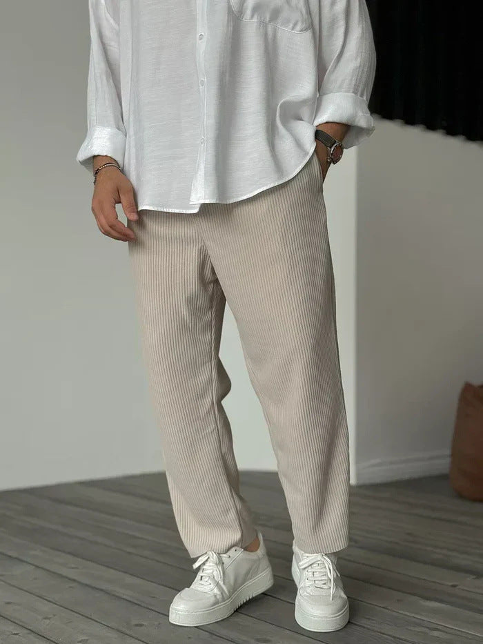 Men's Striped Cropped Pants – Mid-Waist Ice Silk Summer Pants, Straight Leg - Daily Goods