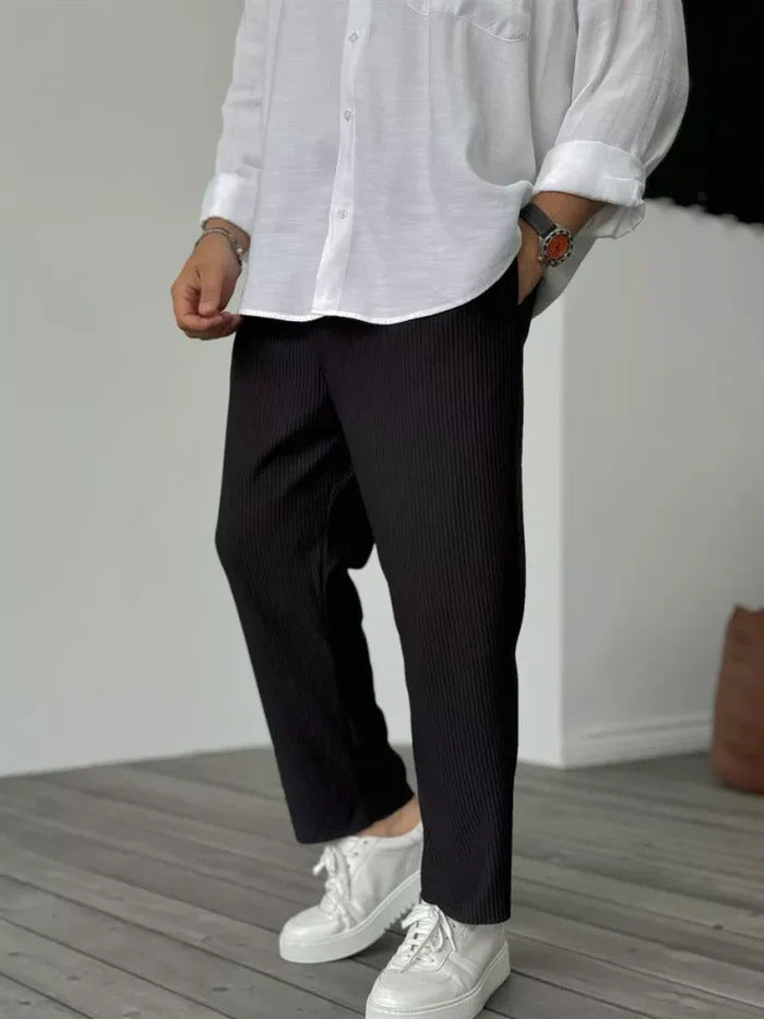 Men's Striped Cropped Pants – Mid-Waist Ice Silk Summer Pants, Straight Leg - Daily Goods
