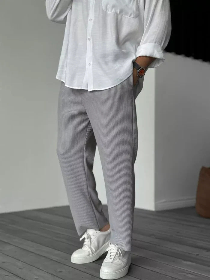 Men's Striped Cropped Pants – Mid-Waist Ice Silk Summer Pants, Straight Leg - Daily Goods