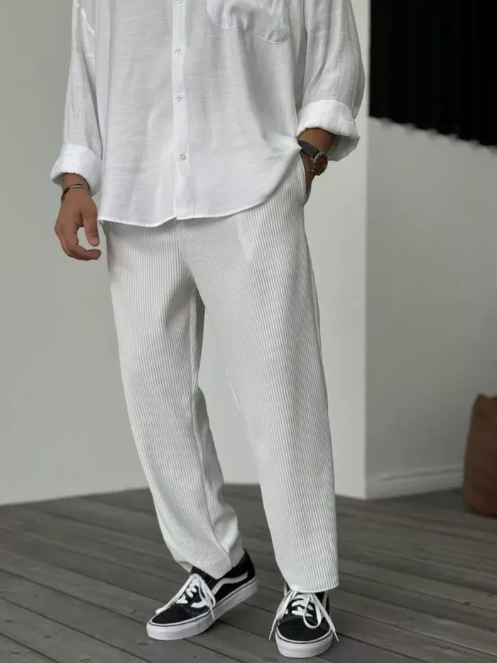 Men's Striped Cropped Pants – Mid-Waist Ice Silk Summer Pants, Straight Leg - Daily Goods