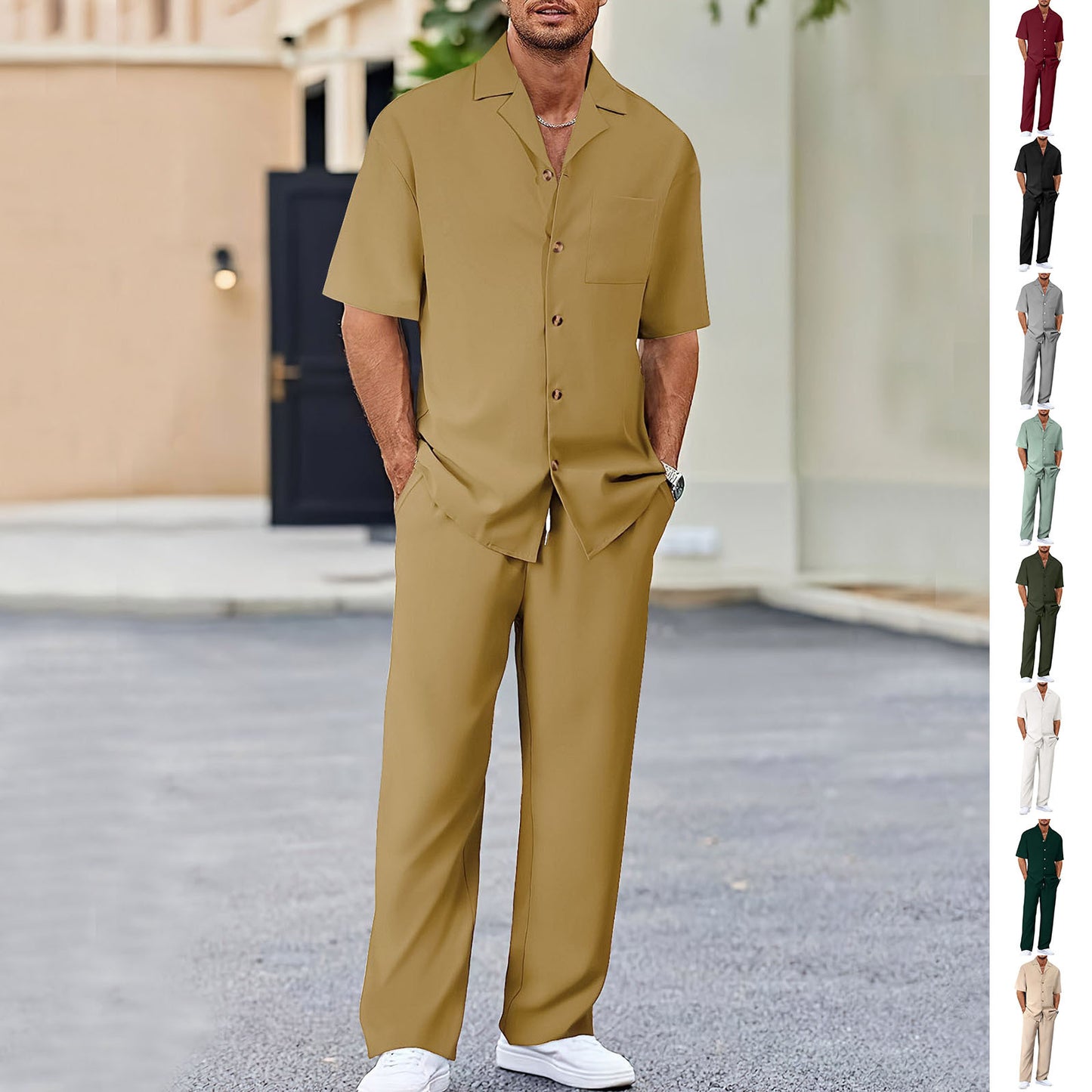 Men’s Summer Polyester Shirt & Trousers Set – Short Sleeve Top, Lightweight Casual Leisure Wear, Youth Style - Daily Goods