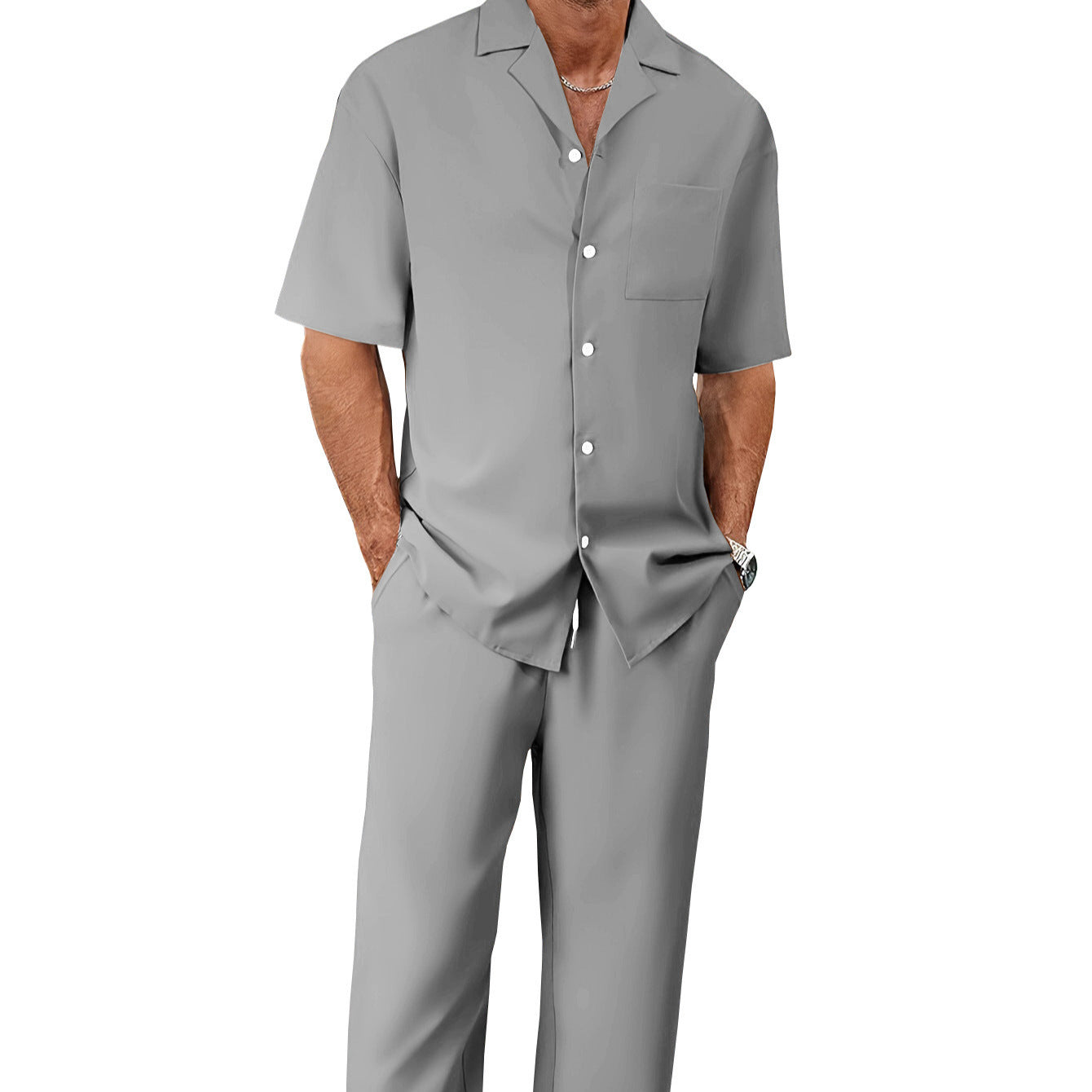 Men’s Summer Polyester Shirt & Trousers Set – Short Sleeve Top, Lightweight Casual Leisure Wear, Youth Style - Daily Goods