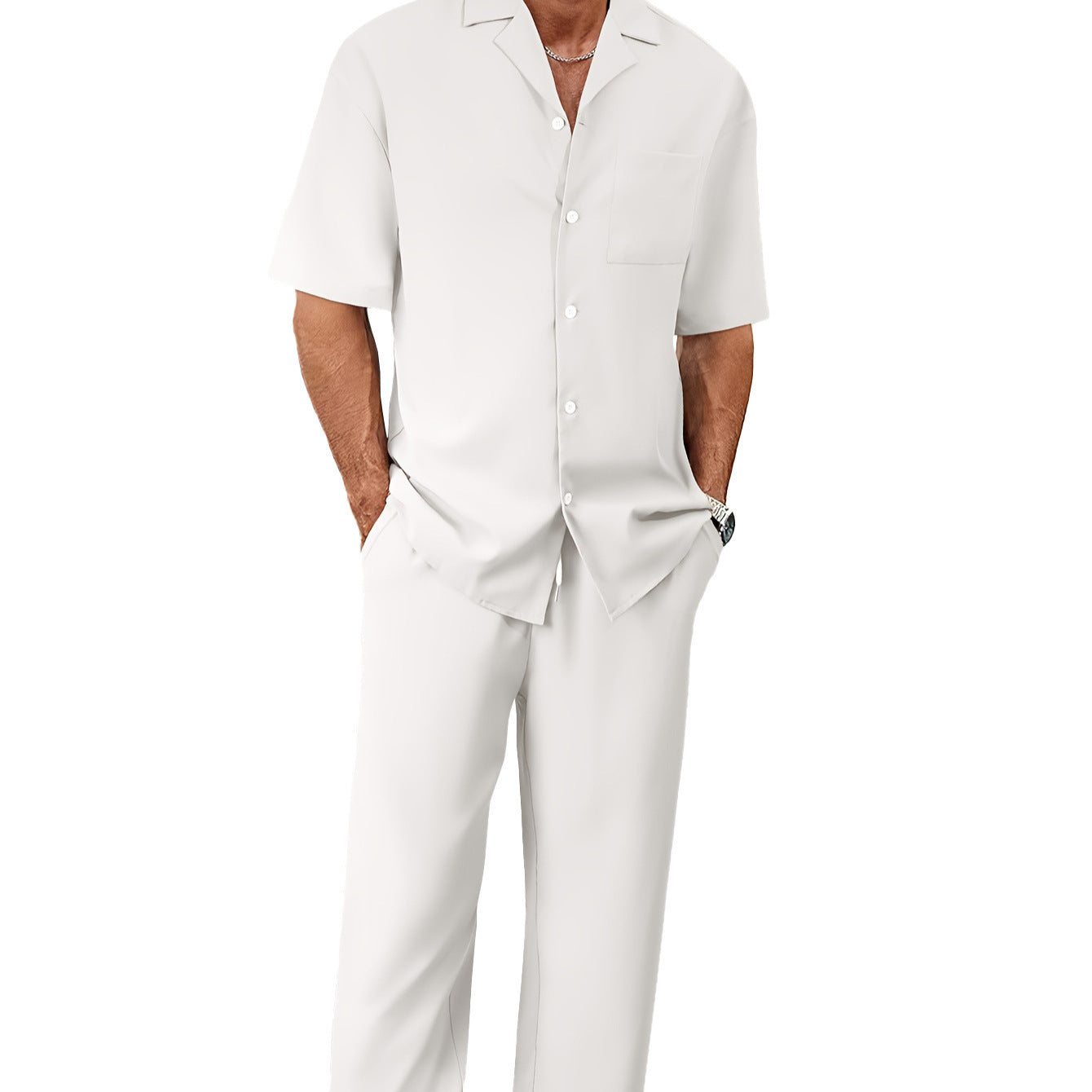 Men’s Summer Polyester Shirt & Trousers Set – Short Sleeve Top, Lightweight Casual Leisure Wear, Youth Style - Daily Goods