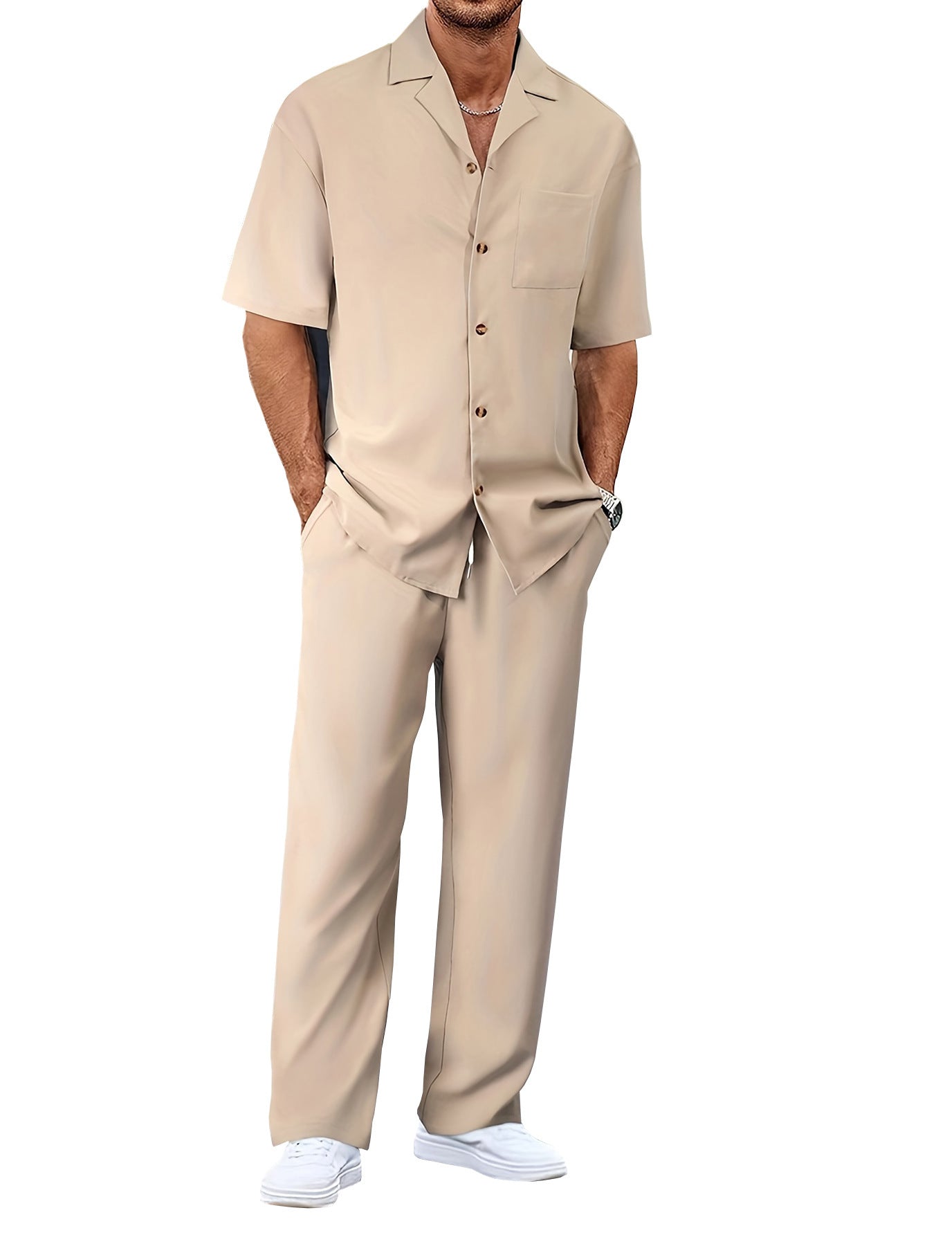 Men’s Summer Polyester Shirt & Trousers Set – Short Sleeve Top, Lightweight Casual Leisure Wear, Youth Style - Daily Goods
