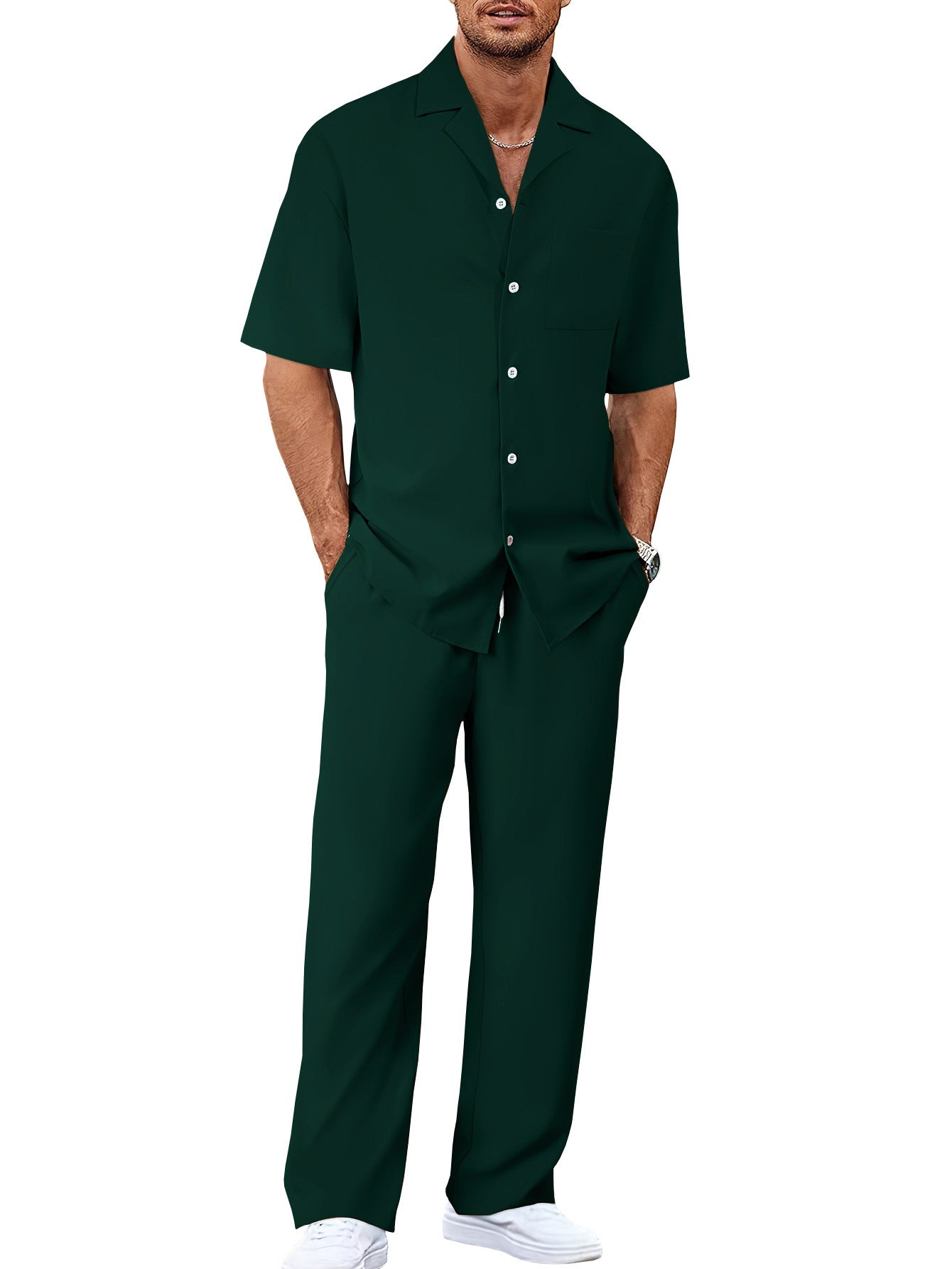Men’s Summer Polyester Shirt & Trousers Set – Short Sleeve Top, Lightweight Casual Leisure Wear, Youth Style - Daily Goods