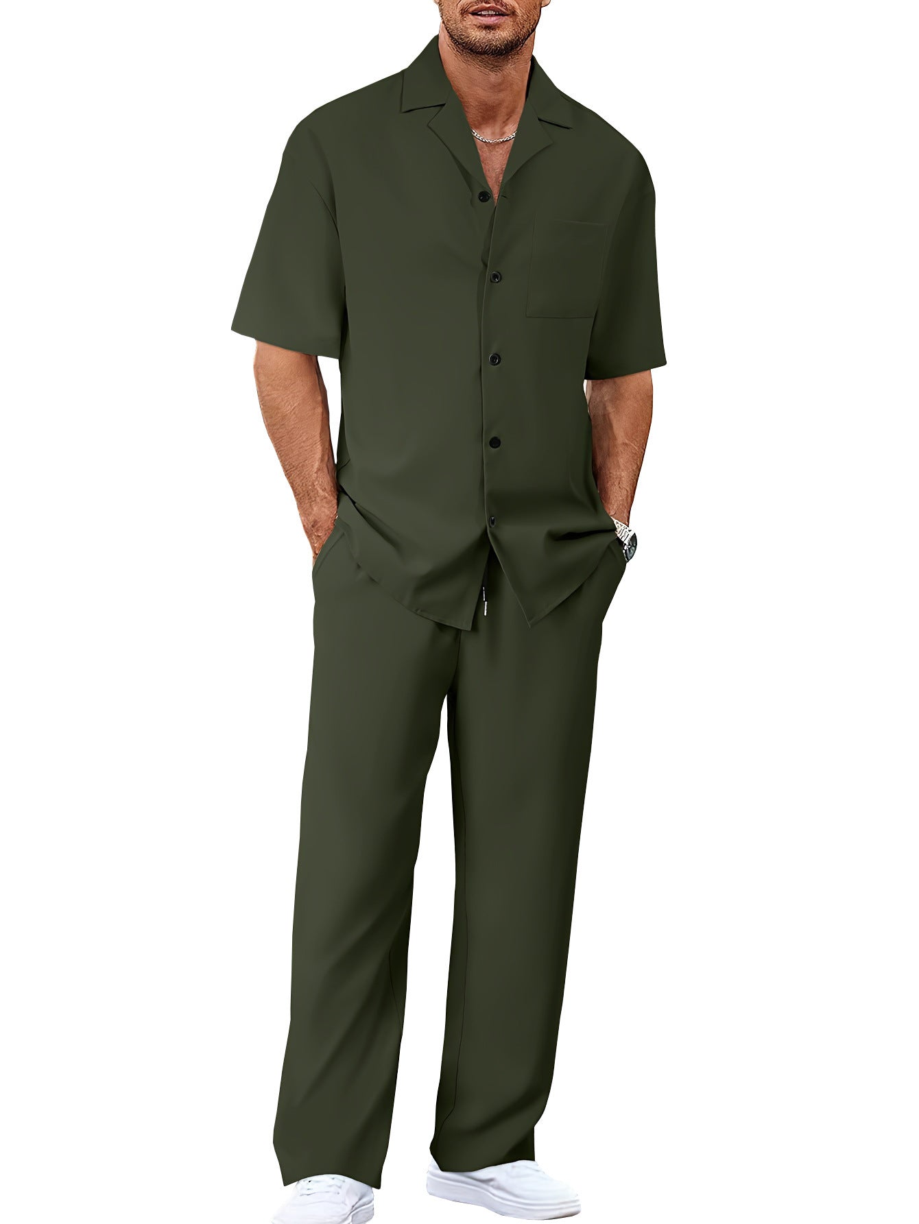 Men’s Summer Polyester Shirt & Trousers Set – Short Sleeve Top, Lightweight Casual Leisure Wear, Youth Style - Daily Goods