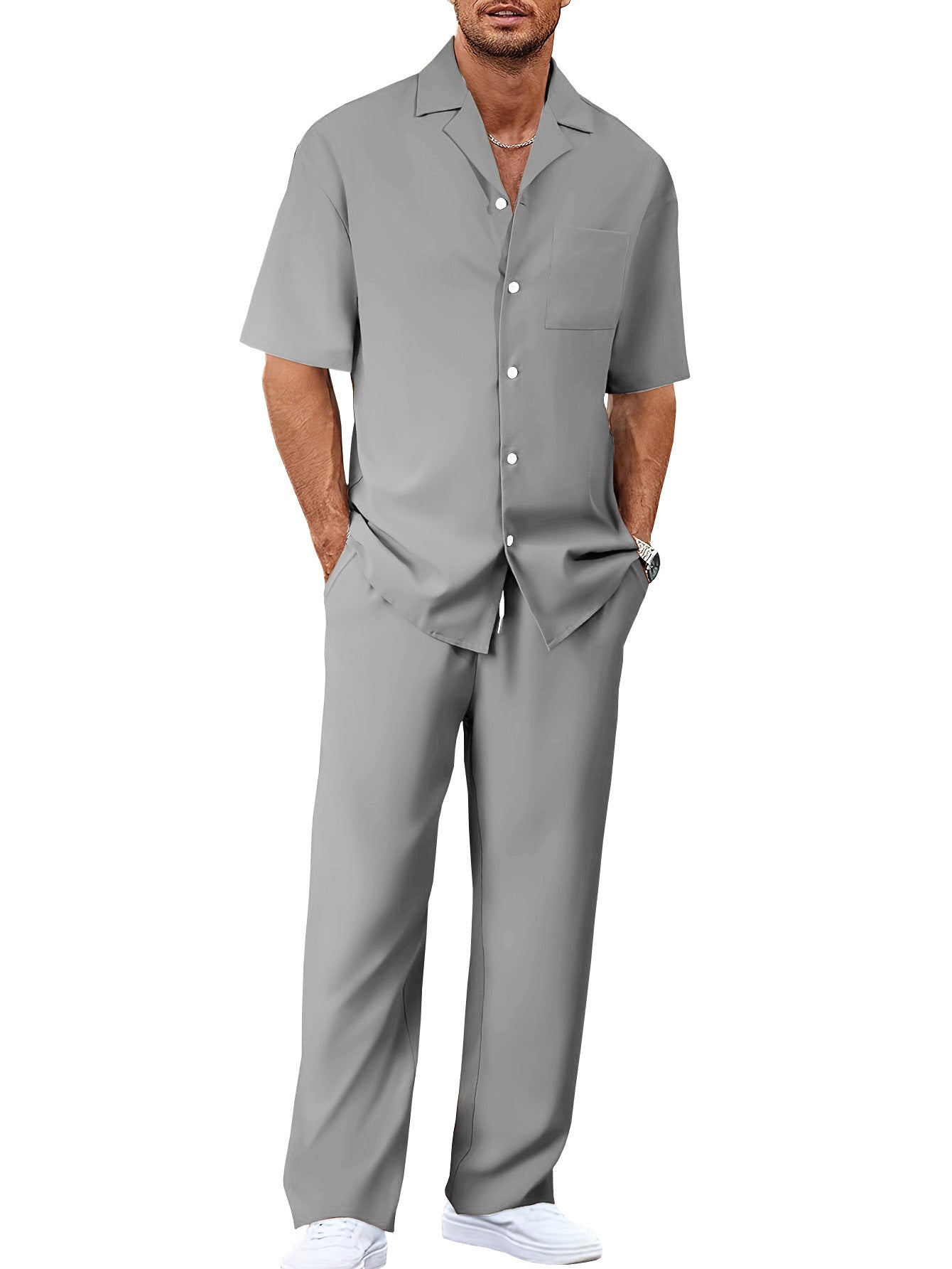 Men’s Summer Polyester Shirt & Trousers Set – Short Sleeve Top, Lightweight Casual Leisure Wear, Youth Style - Daily Goods