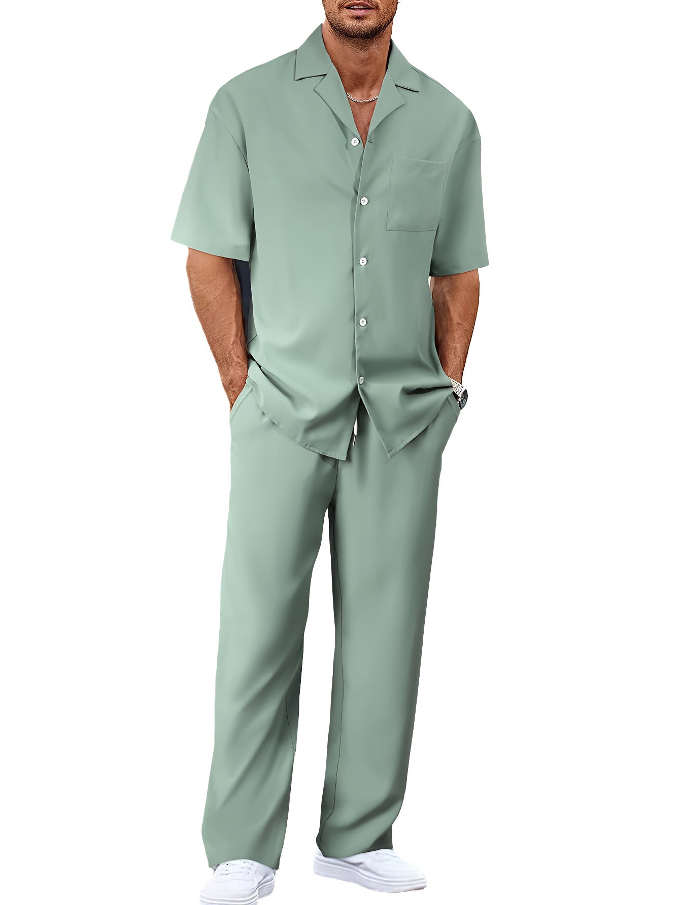 Men’s Summer Polyester Shirt & Trousers Set – Short Sleeve Top, Lightweight Casual Leisure Wear, Youth Style - Daily Goods