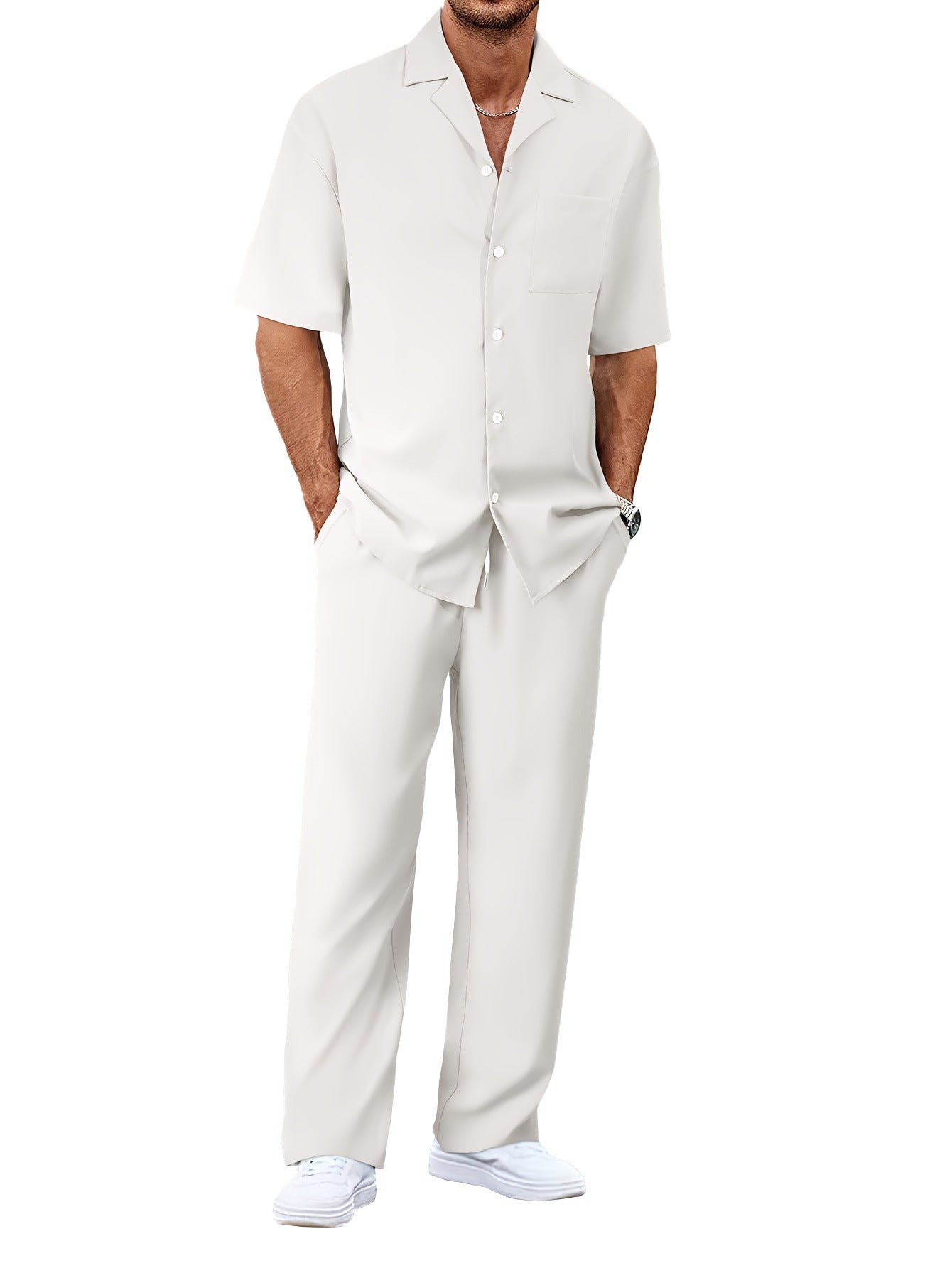 Men’s Summer Polyester Shirt & Trousers Set – Short Sleeve Top, Lightweight Casual Leisure Wear, Youth Style - Daily Goods