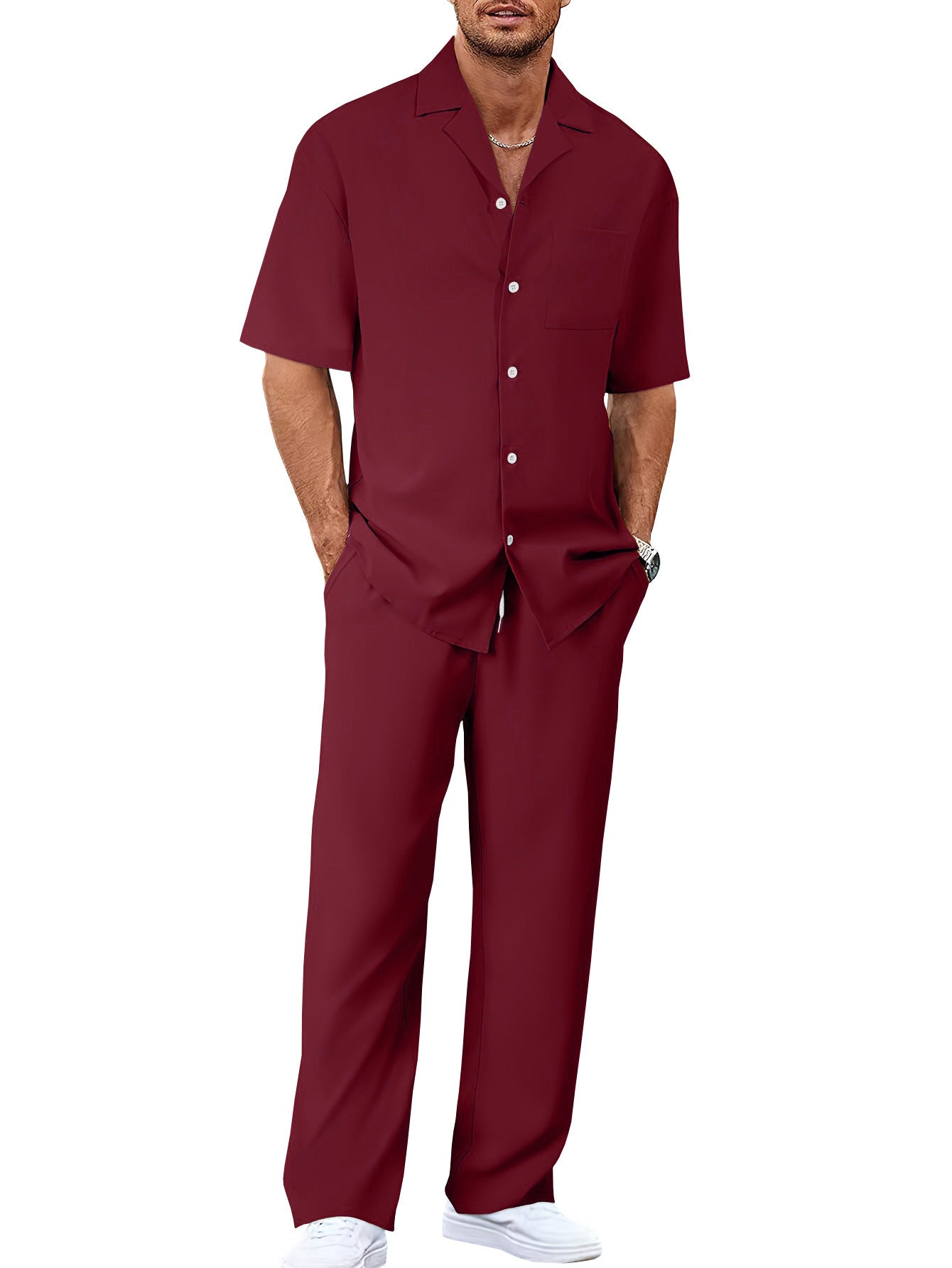 Men’s Summer Polyester Shirt & Trousers Set – Short Sleeve Top, Lightweight Casual Leisure Wear, Youth Style - Daily Goods