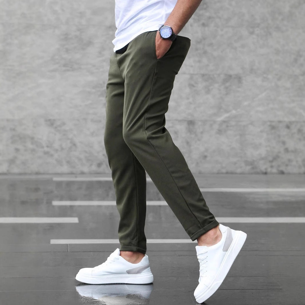 Men's Mid-Waist Solid Color Trousers – Long Straight-Leg Pants with Button Cardigan Fly - Daily Goods