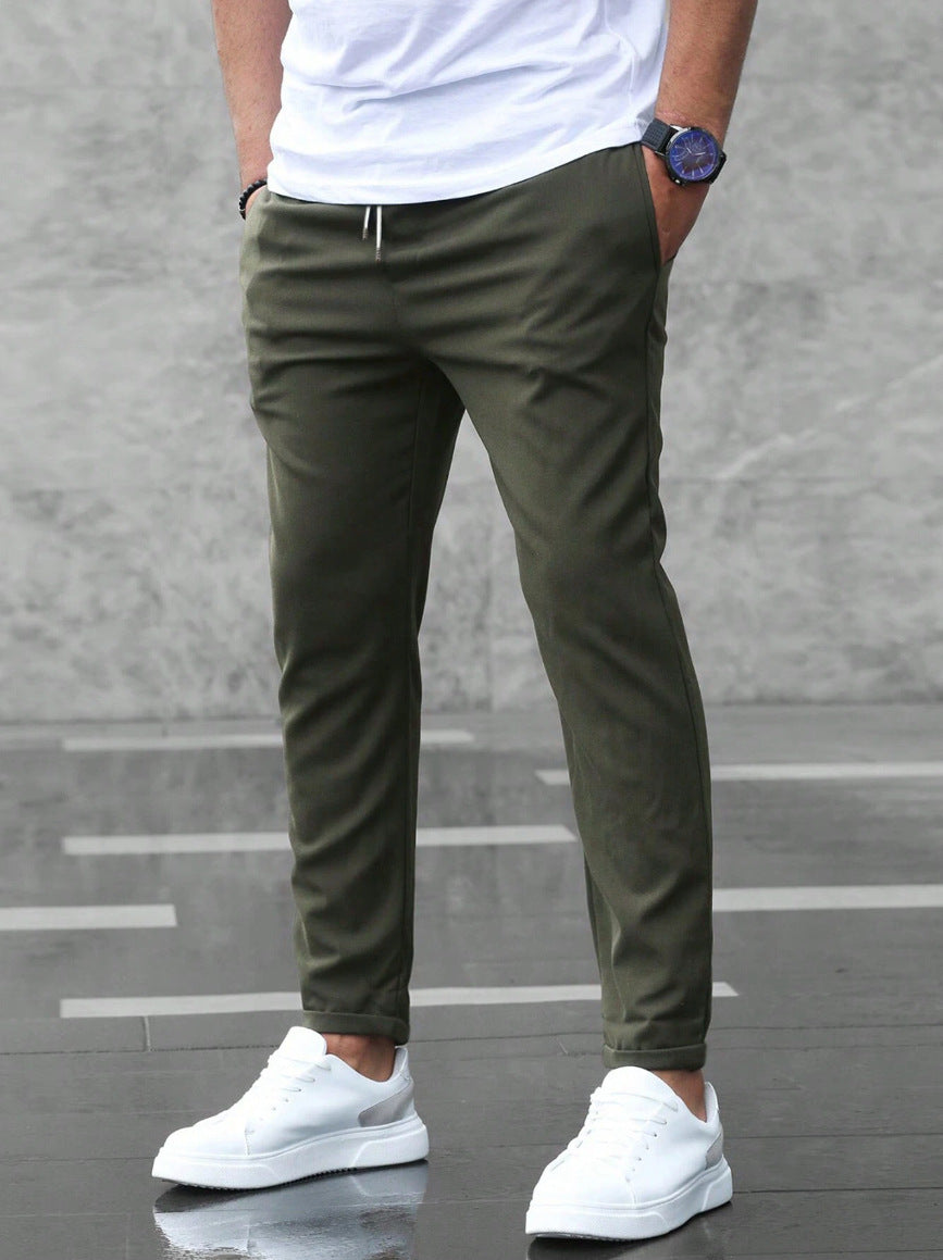Men's Mid-Waist Solid Color Trousers – Long Straight-Leg Pants with Button Cardigan Fly - Daily Goods