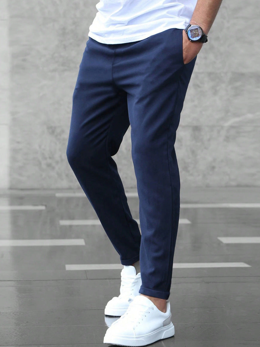 Men's Mid-Waist Solid Color Trousers – Long Straight-Leg Pants with Button Cardigan Fly - Daily Goods
