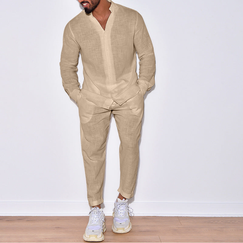 Men’s Linen Shirt & Trousers Set – Long Sleeve Casual Outfit - Daily Goods