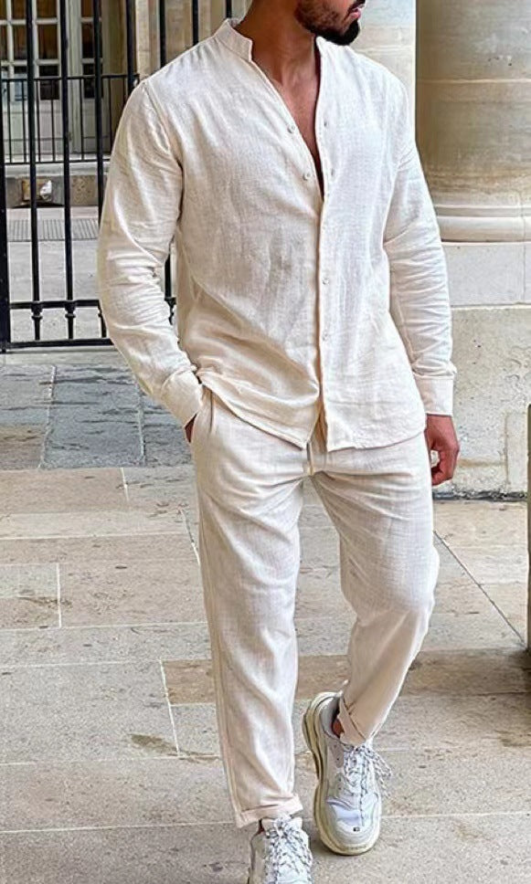 Men’s Linen Shirt & Trousers Set – Long Sleeve Casual Outfit - Daily Goods