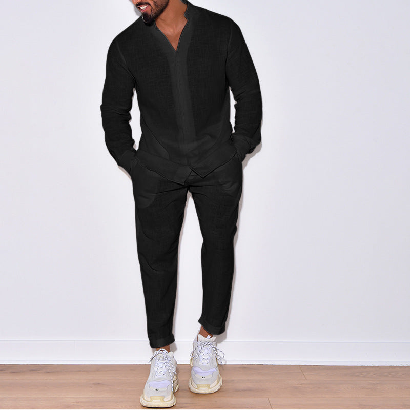 Men’s Linen Shirt & Trousers Set – Long Sleeve Casual Outfit - Daily Goods