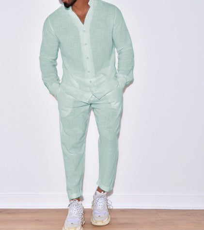 Men’s Linen Shirt & Trousers Set – Long Sleeve Casual Outfit - Daily Goods