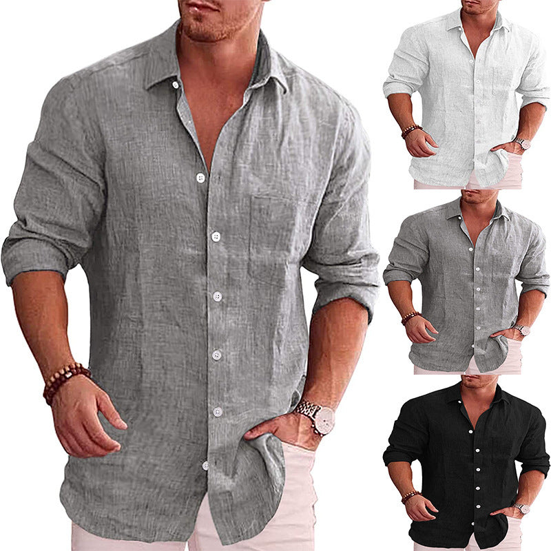 Men’s Casual Cotton-Linen Cardigan – Long Sleeve Lapel Collar, Plain Design, Slim Fit - Daily Goods