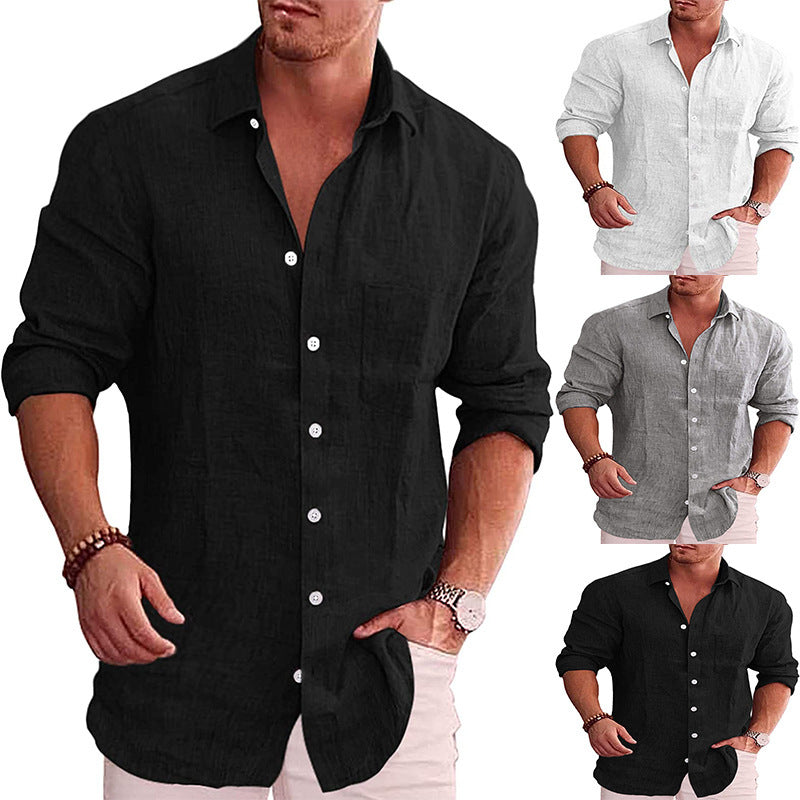 Men’s Casual Cotton-Linen Cardigan – Long Sleeve Lapel Collar, Plain Design, Slim Fit - Daily Goods