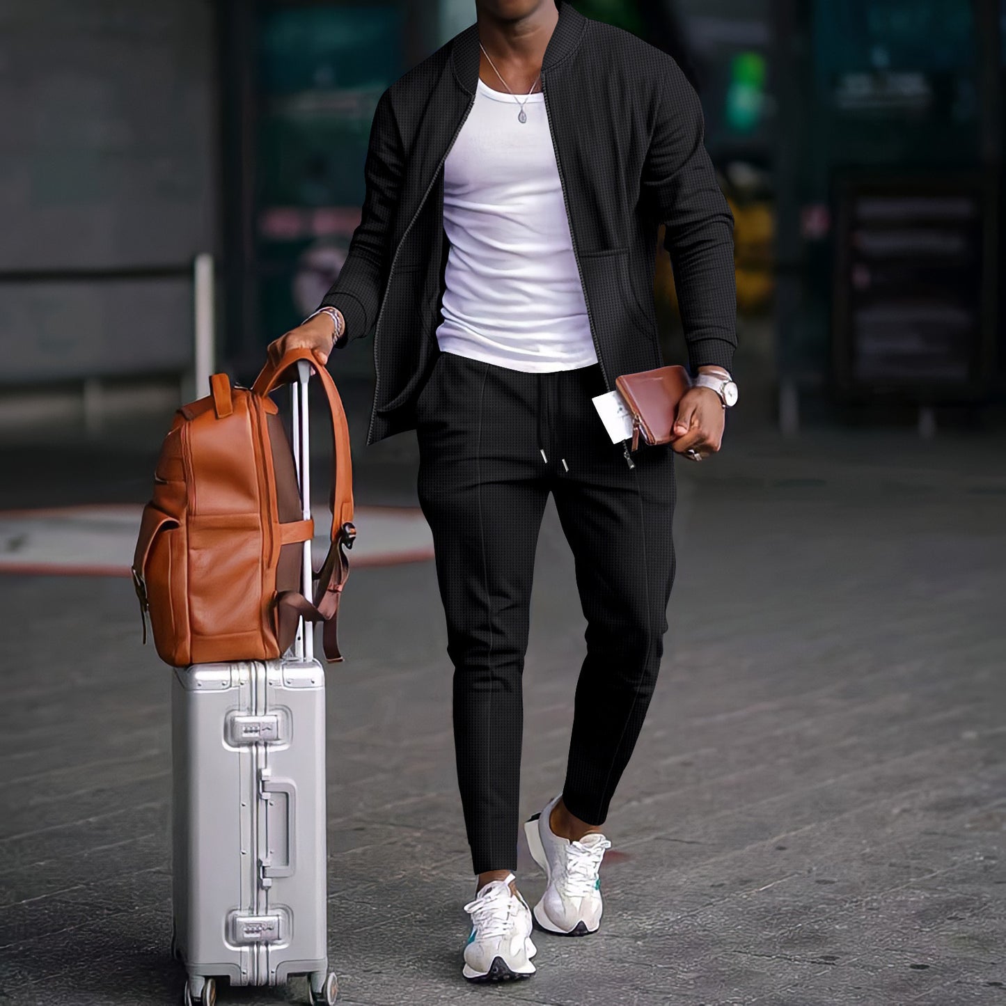 Men’s Cotton-Blend Coat & Trousers Set – Long Sleeve Casual Leisure Wear, Non-Hooded Polyester Blend - Daily Goods