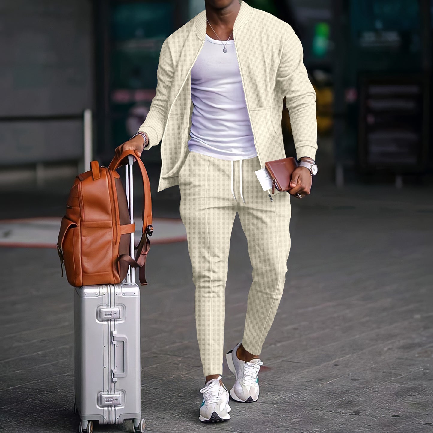 Men’s Cotton-Blend Coat & Trousers Set – Long Sleeve Casual Leisure Wear, Non-Hooded Polyester Blend - Daily Goods