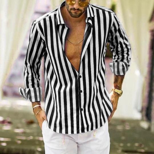 Men’s Striped Lapel Cardigan – Loose Fit, Long Sleeve Polyester shirt Casual Spring & Autumn Wear - Daily Goods