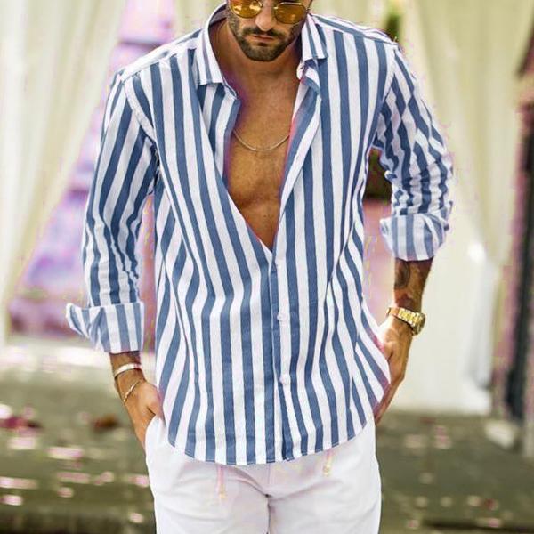 Men’s Striped Lapel Cardigan – Loose Fit, Long Sleeve Polyester shirt Casual Spring & Autumn Wear - Daily Goods