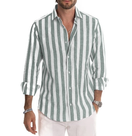 Men’s Striped Lapel Cardigan – Loose Fit, Long Sleeve Polyester shirt Casual Spring & Autumn Wear - Daily Goods